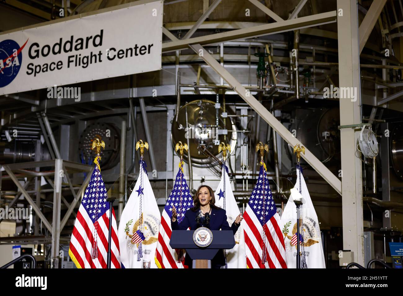 Greenbelt, USA. 05th Nov, 2021. United States Vice President Kamala Harris speaks at the National Aeronautics and Space Administration (NASA) Goddard Space Flight Center in Greenbelt, Maryland, U.S., on Friday, November 5, 2021. Harris announced the Biden administration's inaugural meeting of the National Space Council will be held on December 1, 2021. Credit: Ting Shen/Pool via CNP Photo via Credit: Newscom/Alamy Live News Stock Photo