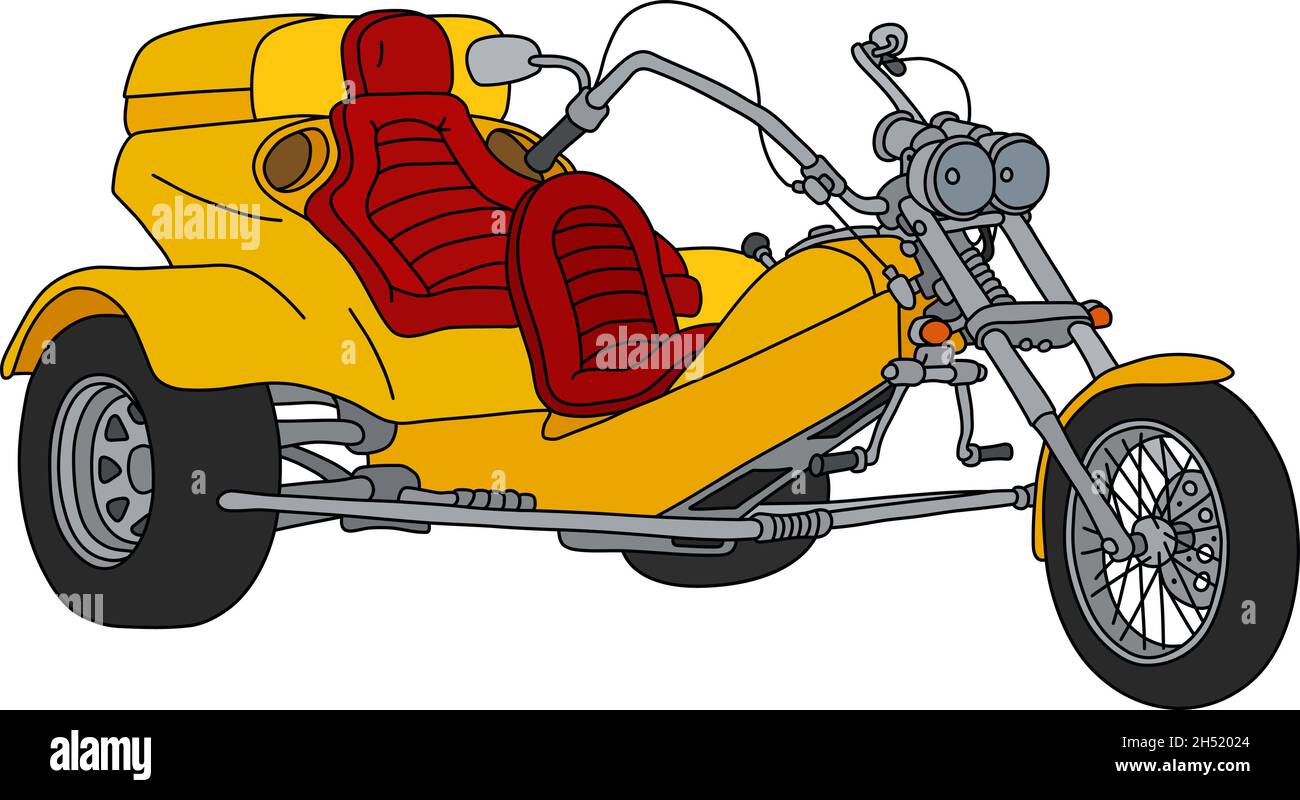 The hand drawing of a yellow heavy motor tricycle Stock Vector Image