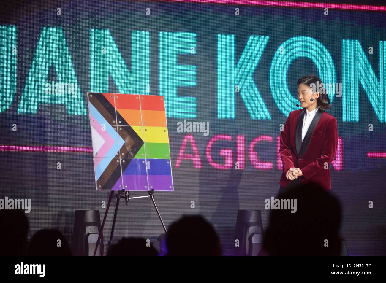Magician Jane Kong performing at Pink Dot Hong Kong 2021 held at KITEC in Kowloon Bay, Hong Kong Stock Photo