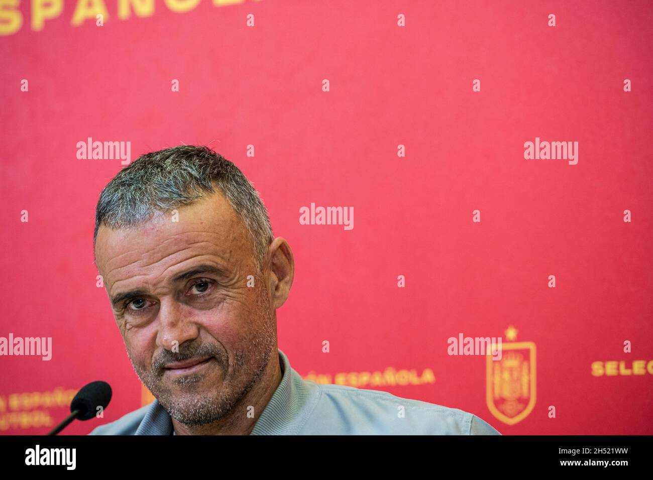 Madrid, Spain. 05th Nov, 2021. Luis Enrique, coach of the Spanish national soccer team speaks during the press conference at the Spanish Soccer Federation in Madrid. He made official the list of players who will play in the next matches of the Spanish team to qualify for the Qatar 2022 World Cup, against the teams of Greece and Sweden. (Photo by Diego RadamÈs/SOPA Images/Sipa USA) Credit: Sipa USA/Alamy Live News Stock Photo