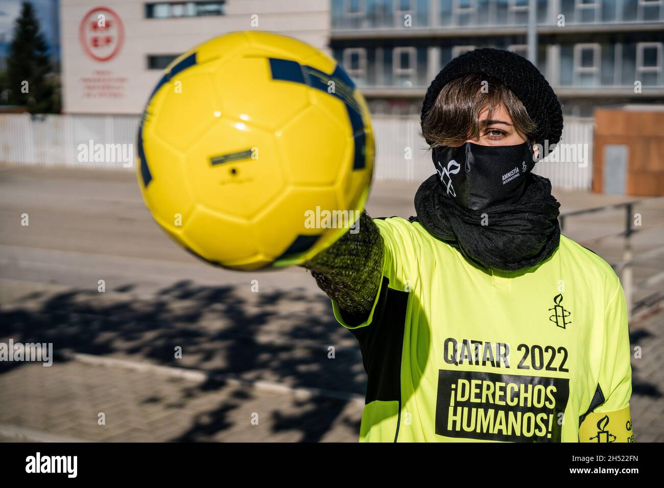 Madrid Spain 05th Nov 2021 A Protester Wearing A Sports Jersey Holds A Soccer Ball Demanding The Rights Of Migrant Workers In Qatar During The Protest In Front Of The Spanish Soccer