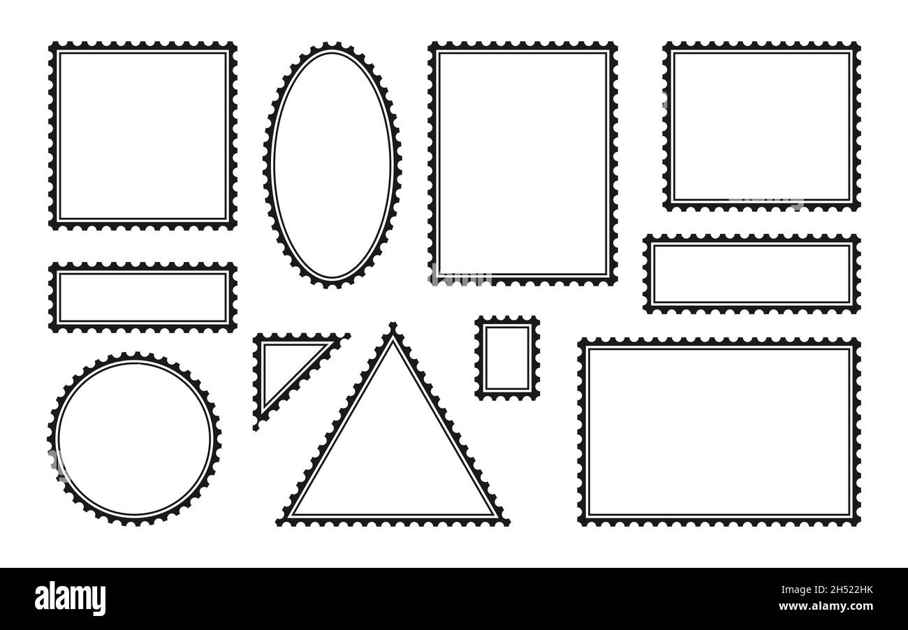Blank postage stamp icon set. Black silhouette perforated mailing frame
