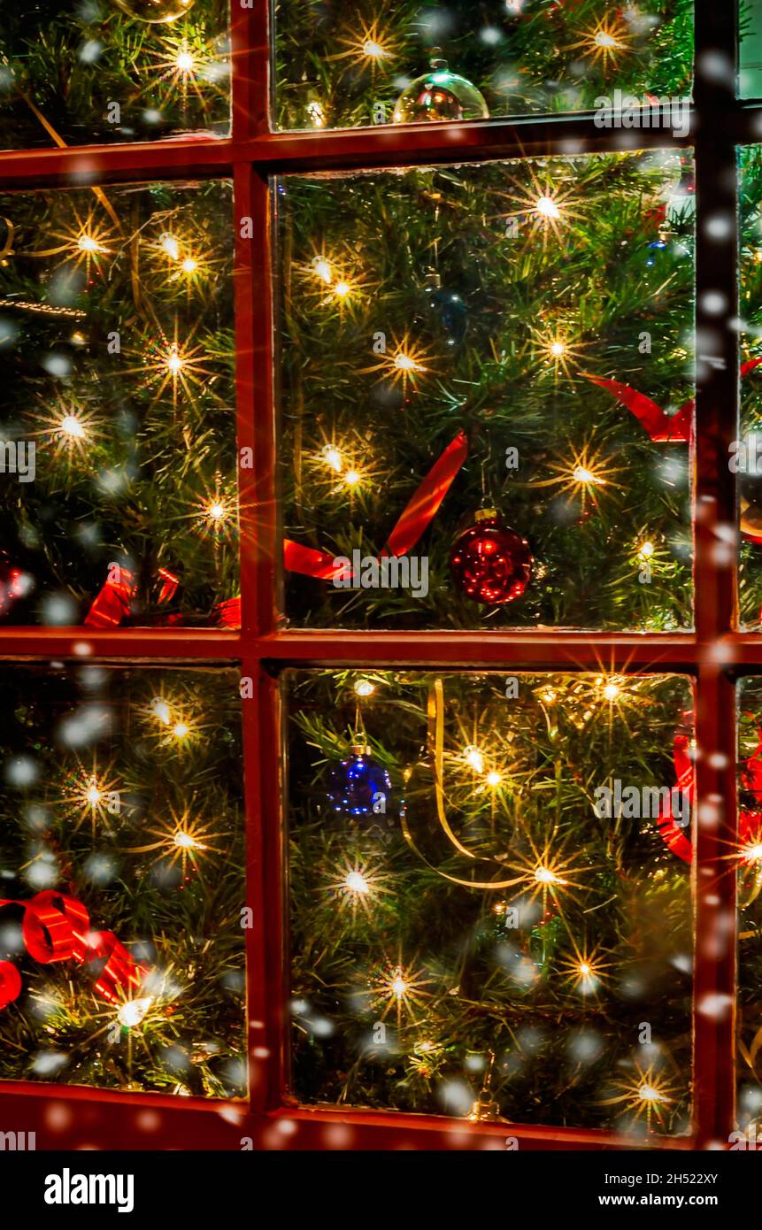 A Christmas tree is seen through a snowy window on Main Street, Dec. 15, 2012, in Columbus, Mississippi. Stock Photo