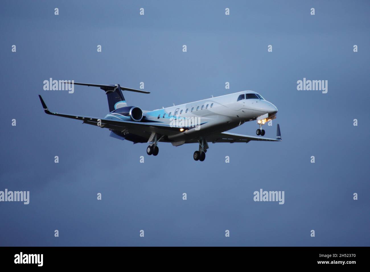 G-THFC, an Embraer Legacy 600 operated by Luxaviation UK (formerly London Executive Aviation), at Prestwick International Airport in Ayrshire, Scotland. The aircraft was in Scotland to bring delegates to the COP26 climate change conference being held in nearby Glasgow. Stock Photo