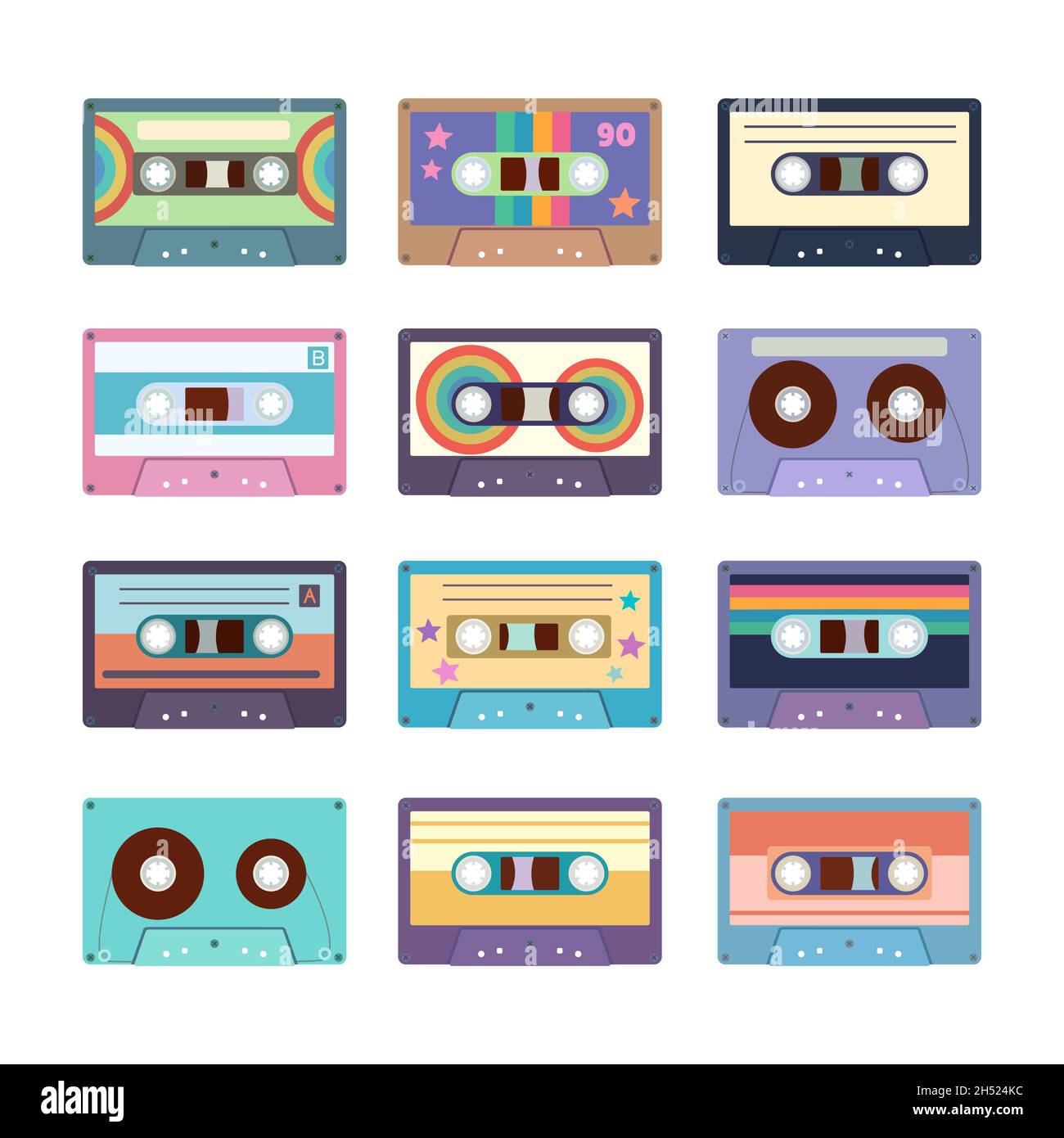 Big collection of various retro audio cassette tapes isolated on white