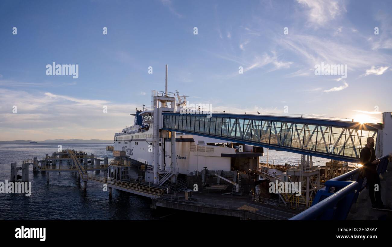 VANCOUVER, BC, CANADA - JUNE 27, 2021: BC Ferry coming into Tsawwassen ferry terminal. Stock Photo