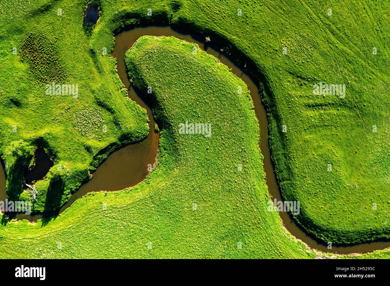 Aerial drone view of winding river in green field. . High quality photo Stock Photo