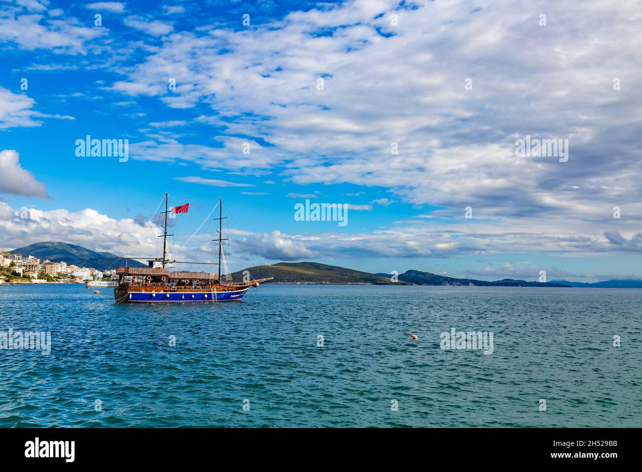 Saranda, Albania September 2019 Vintage mast wooden sailing ship