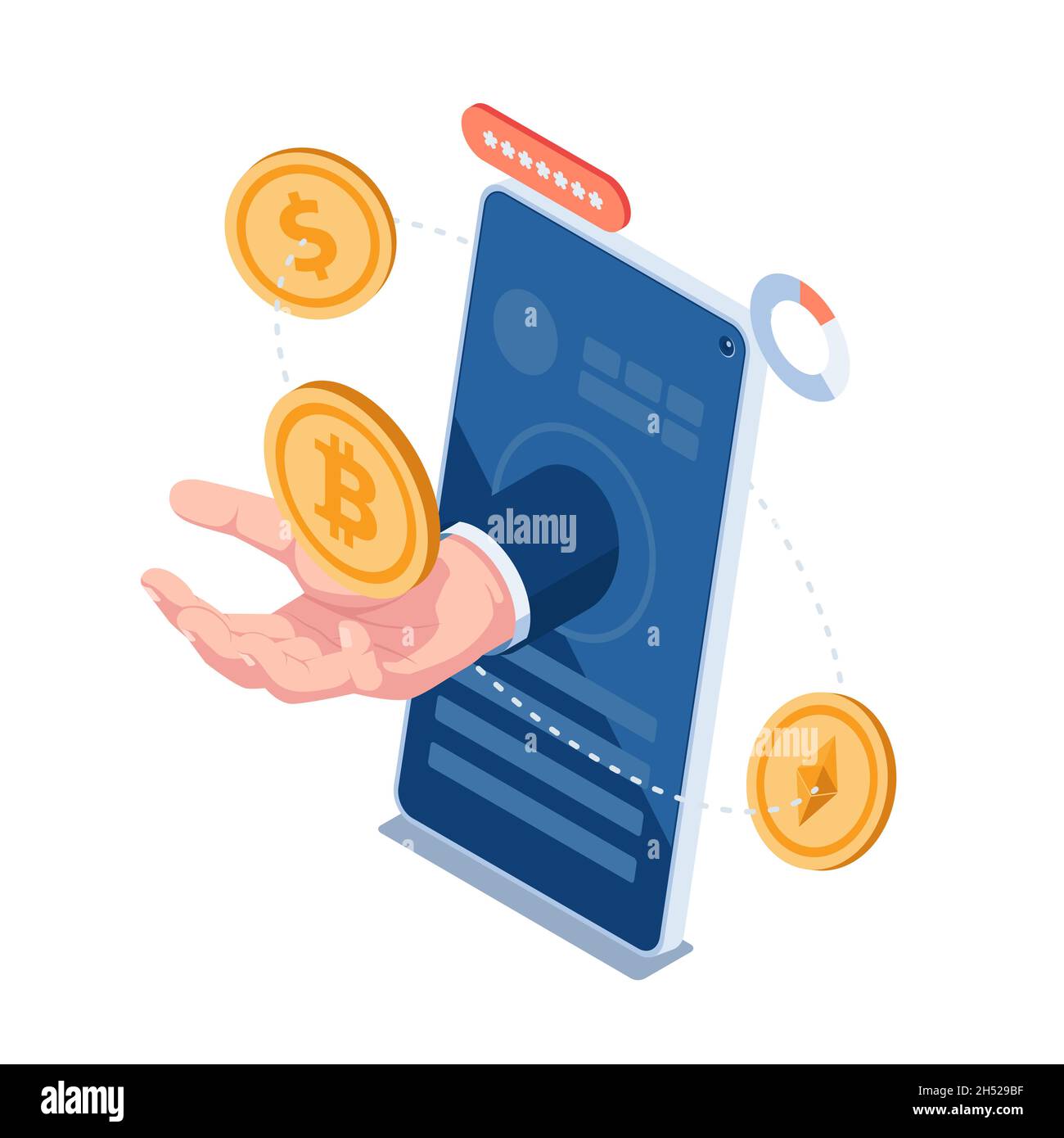 Flat 3d Isometric Hand Holding Bitcoin with Dollar Coin and Ethereum Orbiting Around. Cryptocurrency Exchange Platform. Stock Vector