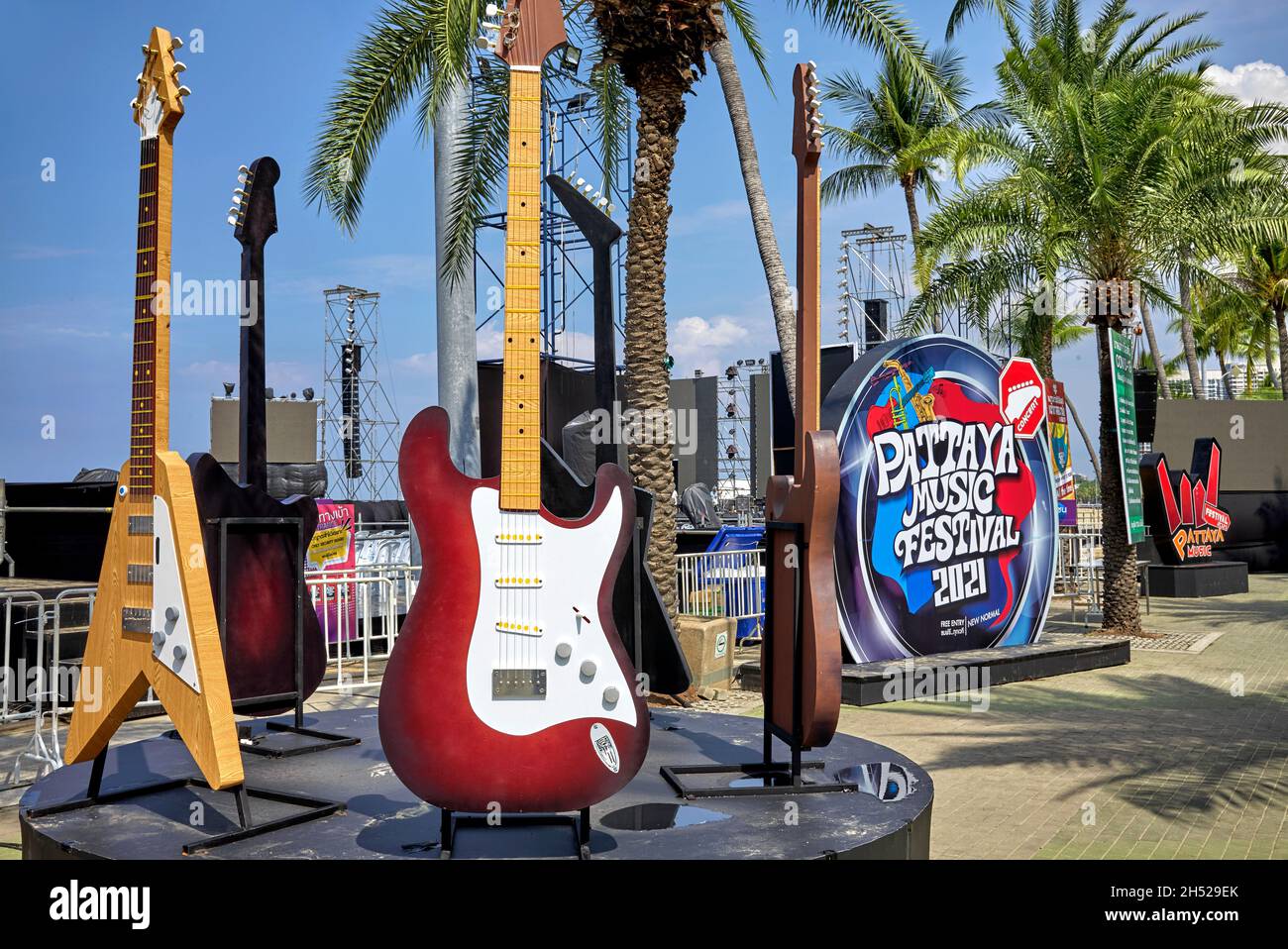 Music Festival. Musical instruments advertising the Pattaya Music Festival 2021 Thailand Southeast Asia Stock Photo