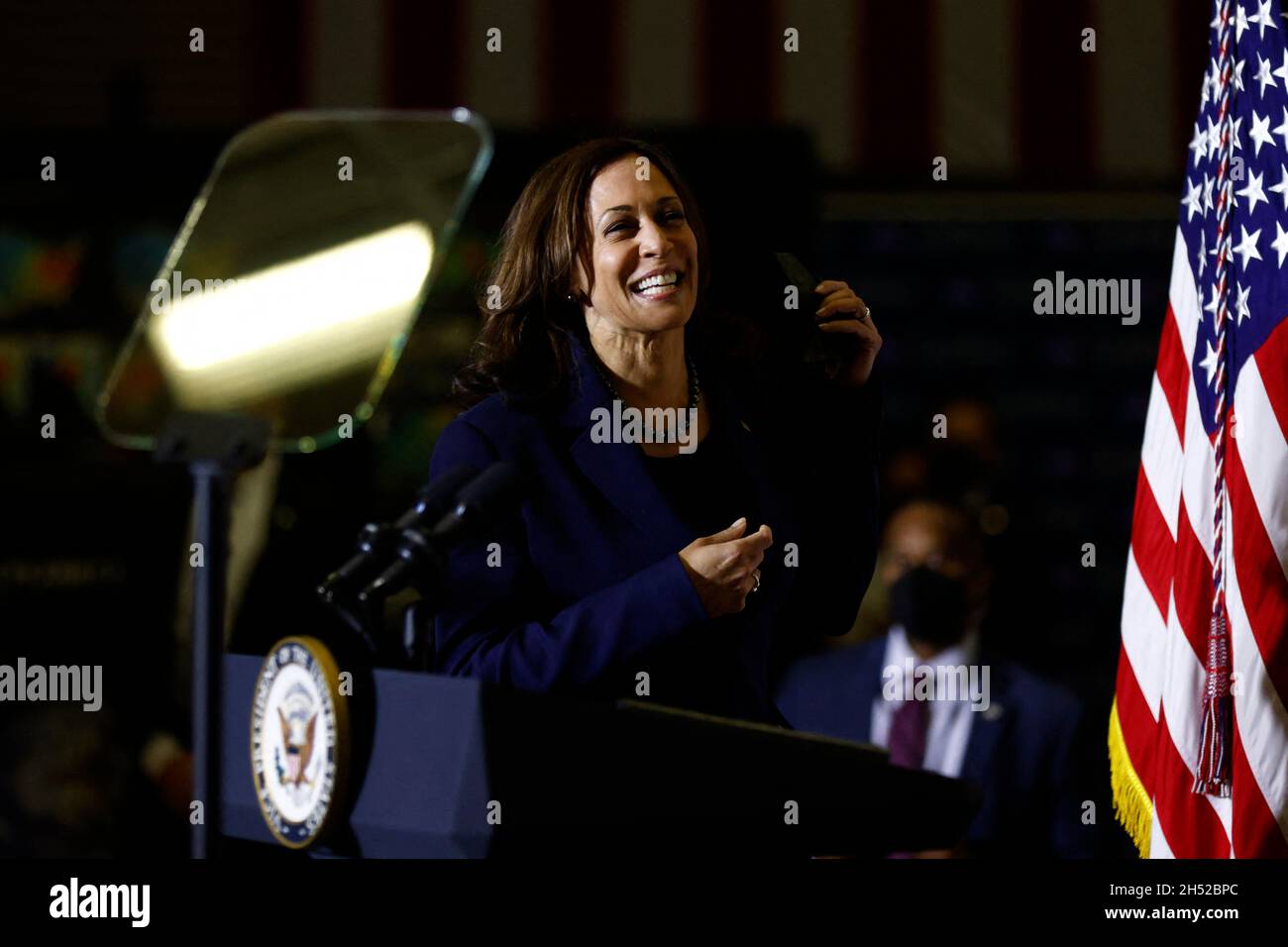 Greenbelt, USA . 05th Nov, 2021. U.S. Vice President Kamala Harris arrives to speak on stage at the National Aeronautics and Space Administration (NASA) Goddard Space Flight Center in Greenbelt, MD, USA on Friday November 5, 2021. Harris announced the Biden administration's inaugural meeting of the National Space Council will be held on December 1. Photo by Ting Shen/Pool/ABACAPRESS.COM Credit: Abaca Press/Alamy Live News Stock Photo
