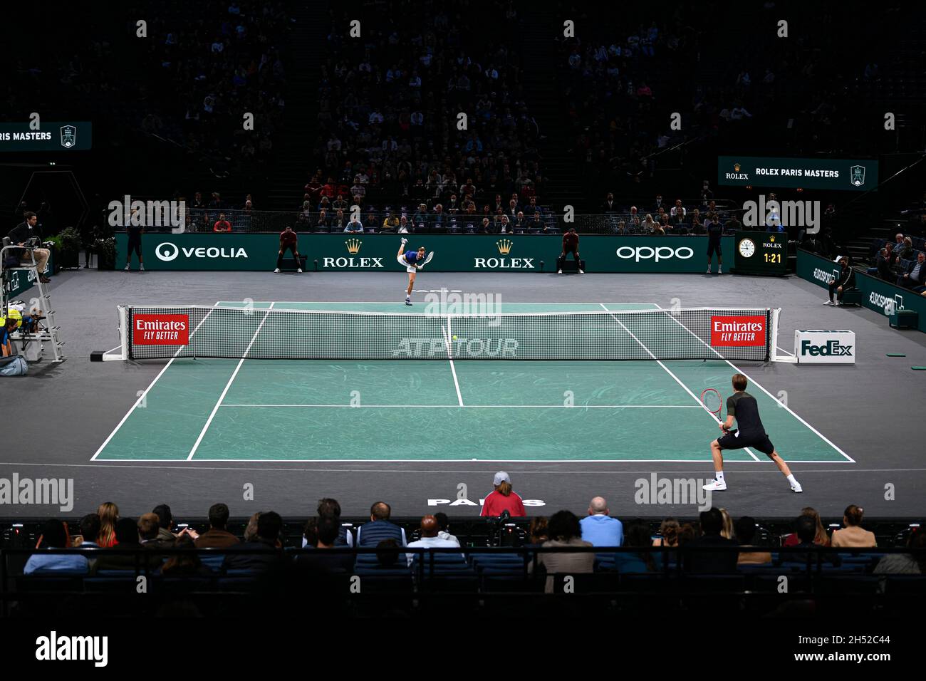 General view illustration of the center court where compete Daniil Medvedev  of Russia (serving, up) and Ilya Ivashka of Belarus (down) during the Rolex Paris  Masters 2021, ATP Masters 1000 tennis tournament,