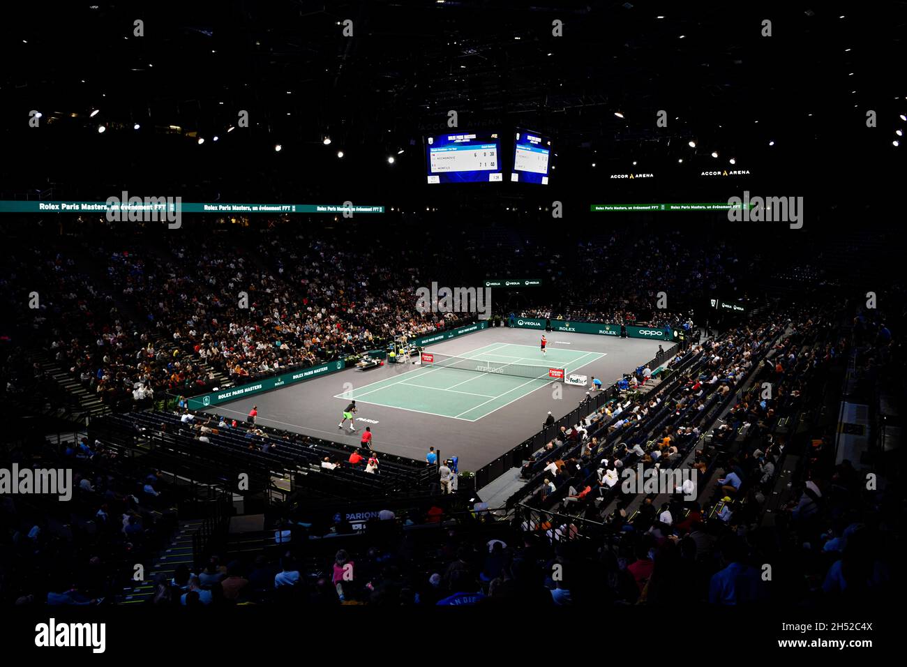 General view illustration of the center court where compete Gael Monfils of  France (down) and Miomir Kecmanovic of Serbia (up) during the Rolex Paris  Masters 2021, ATP Masters 1000 tennis tournament, on