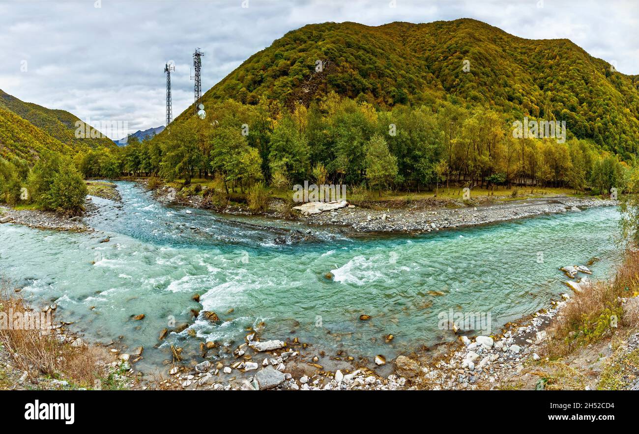 The confluence of two rivers the White and Black Aragvi. Autumn