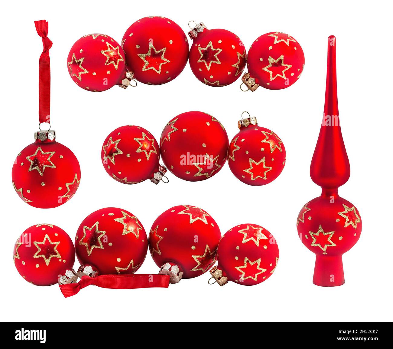 Set of  red christmas bauble, ball and top tree's with ornament isolated on white background Stock Photo
