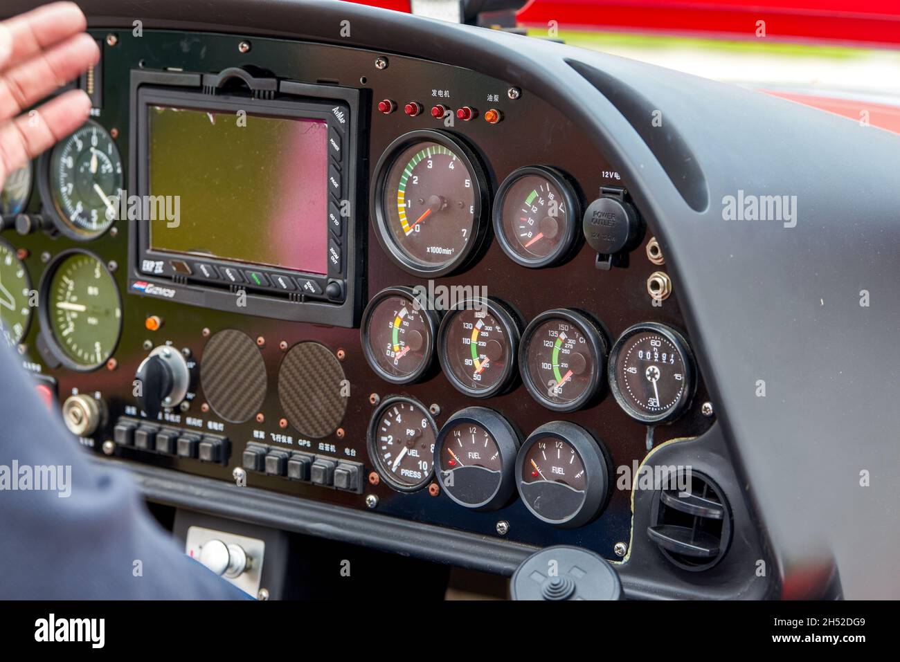 A close-up of the internal dashboard panel of a small aircraft Stock ...