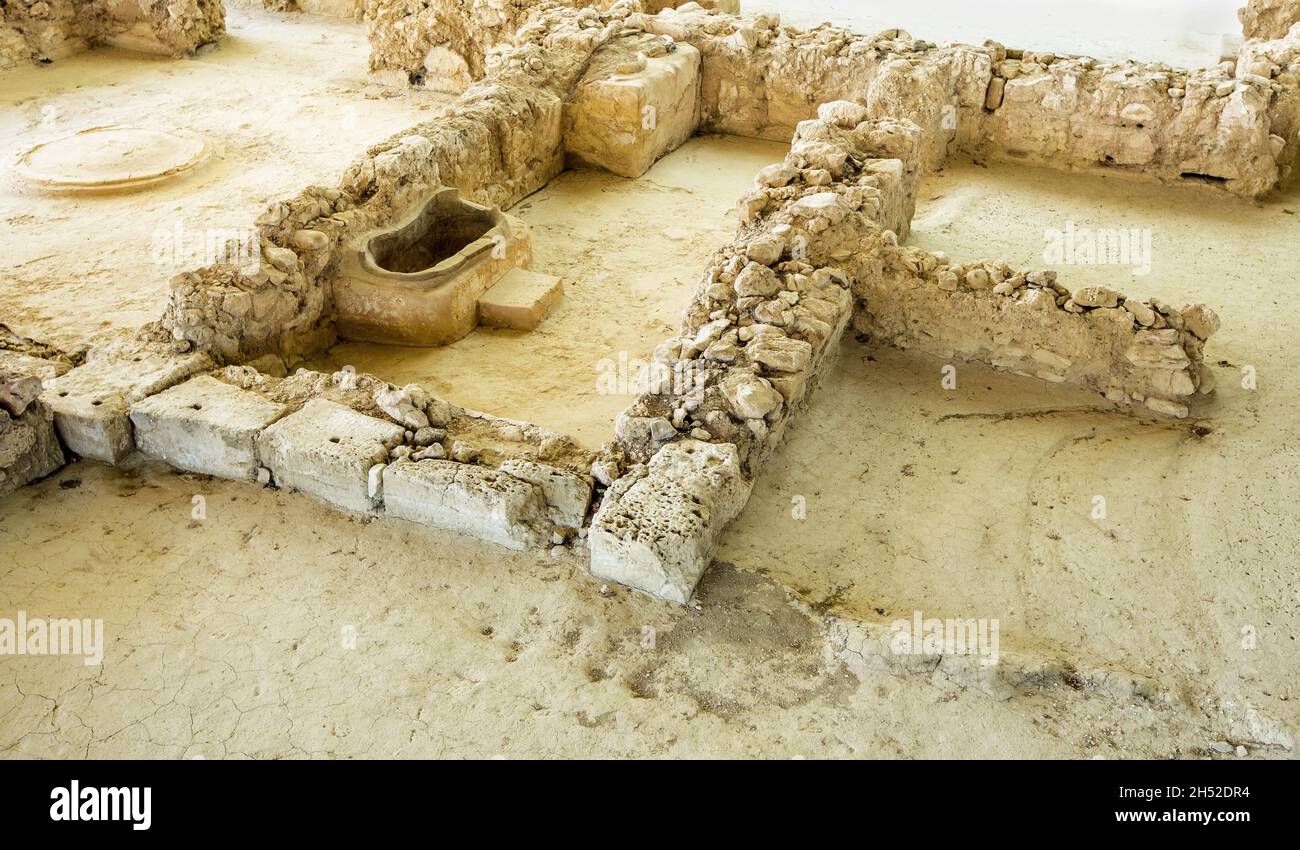 The so-called Palace of Nestor is the primary structure within a larger Late Helladic era settlement, likely once surrounded by a fortified wall. Stock Photo