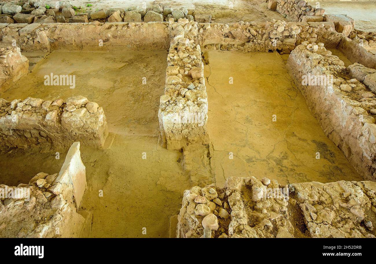 The so-called Palace of Nestor is the primary structure within a larger Late Helladic era settlement, likely once surrounded by a fortified wall. Stock Photo