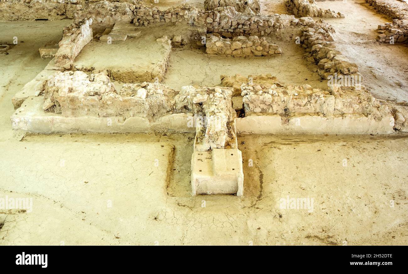 The so-called Palace of Nestor is the primary structure within a larger Late Helladic era settlement, likely once surrounded by a fortified wall. Stock Photo