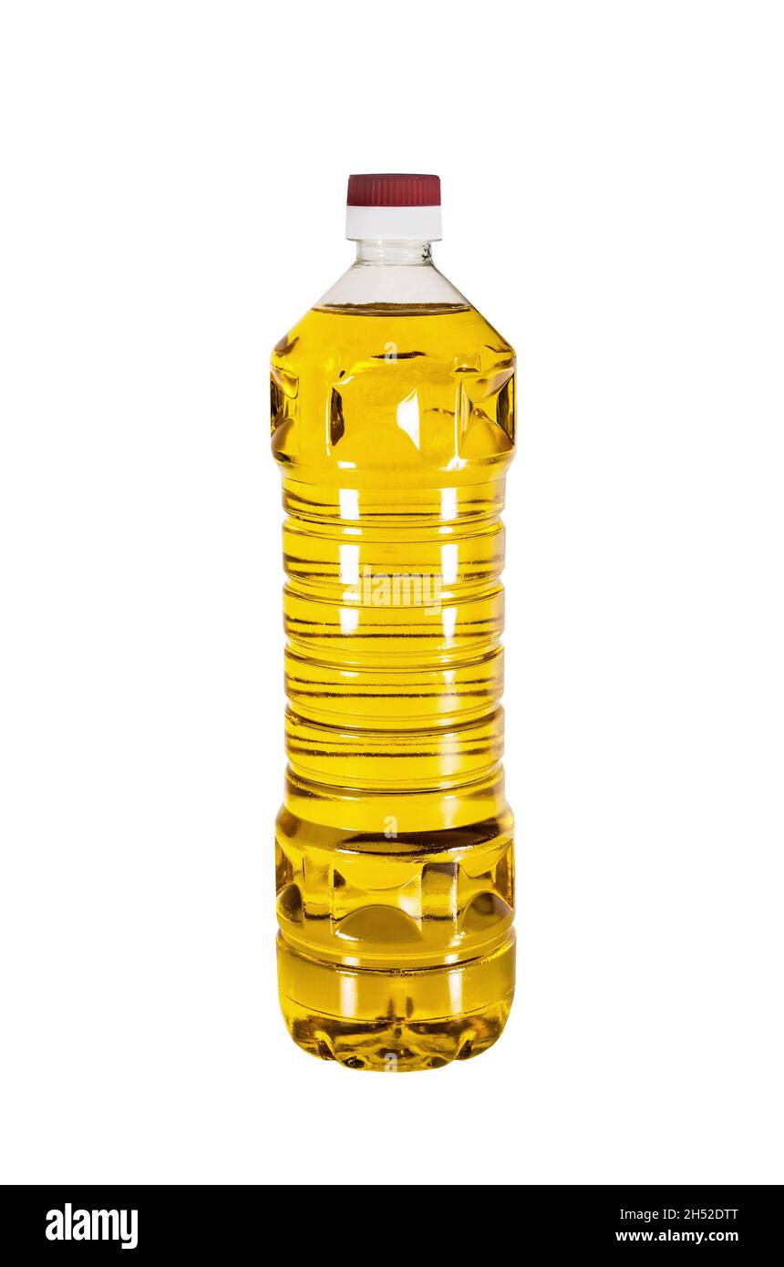 Plastic bottle of vegetable oil isolated on white background Stock