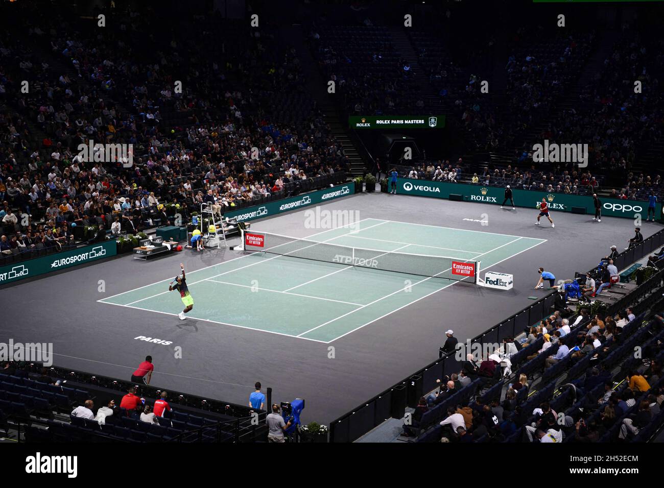 Paris, France. 05th Nov, 2021. General view illustration of the center  court where compete Gael Monfils of France (down) and Miomir Kecmanovic of  Serbia (up) during the Rolex Paris Masters 2021, ATP