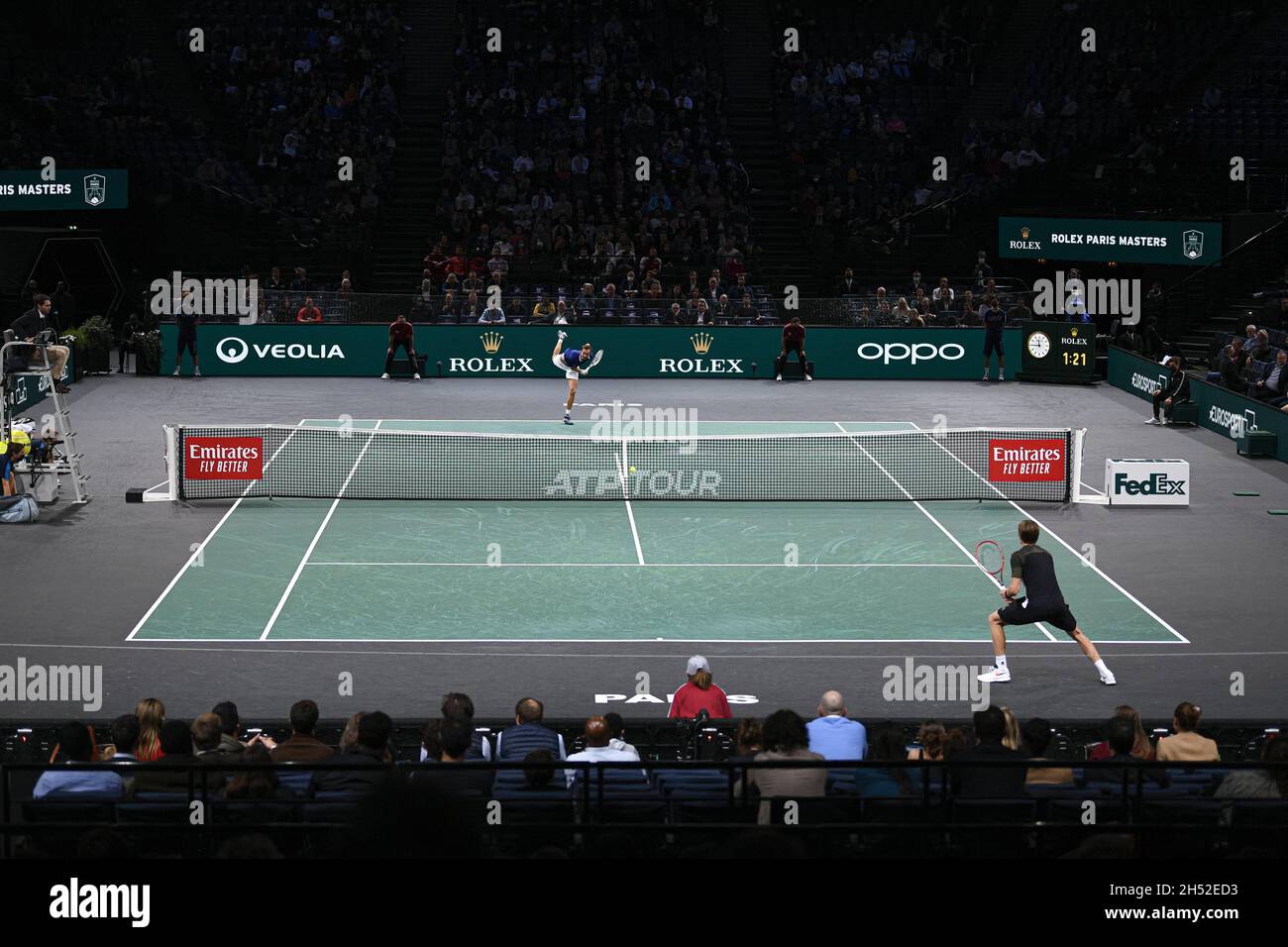 Paris, France. 05th Nov, 2021. General view illustration of the center  court where compete Daniil Medvedev of Russia (serving, up) and Ilya  Ivashka of Belarus (down) during the Rolex Paris Masters 2021,