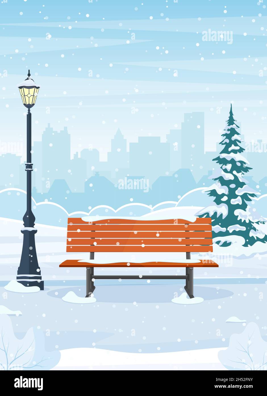 Winter city park with wooden bench Stock Vector Image & Art - Alamy