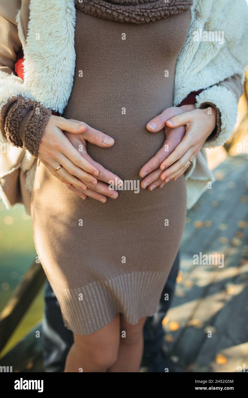 Hands of family members holding a belly of pregnant woman. Coronavirus infection, vaccination and protection during pregnancy Stock Photo