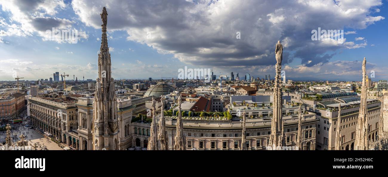 Milan, Italy. Panoramic view from Duomo Cathedral terraces, terrazze del Duomo. Stock Photo