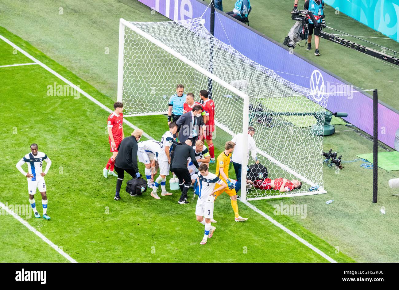 Saint Petersburg, Russia – June 16, 2021. Medical assistance provided to players Jere Uronen and Vyacheslav Karavayev during EURO 2020 match Finland v Stock Photo
