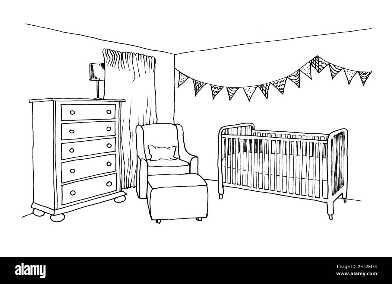 Graphical sketch of an interior children's room with cot, window