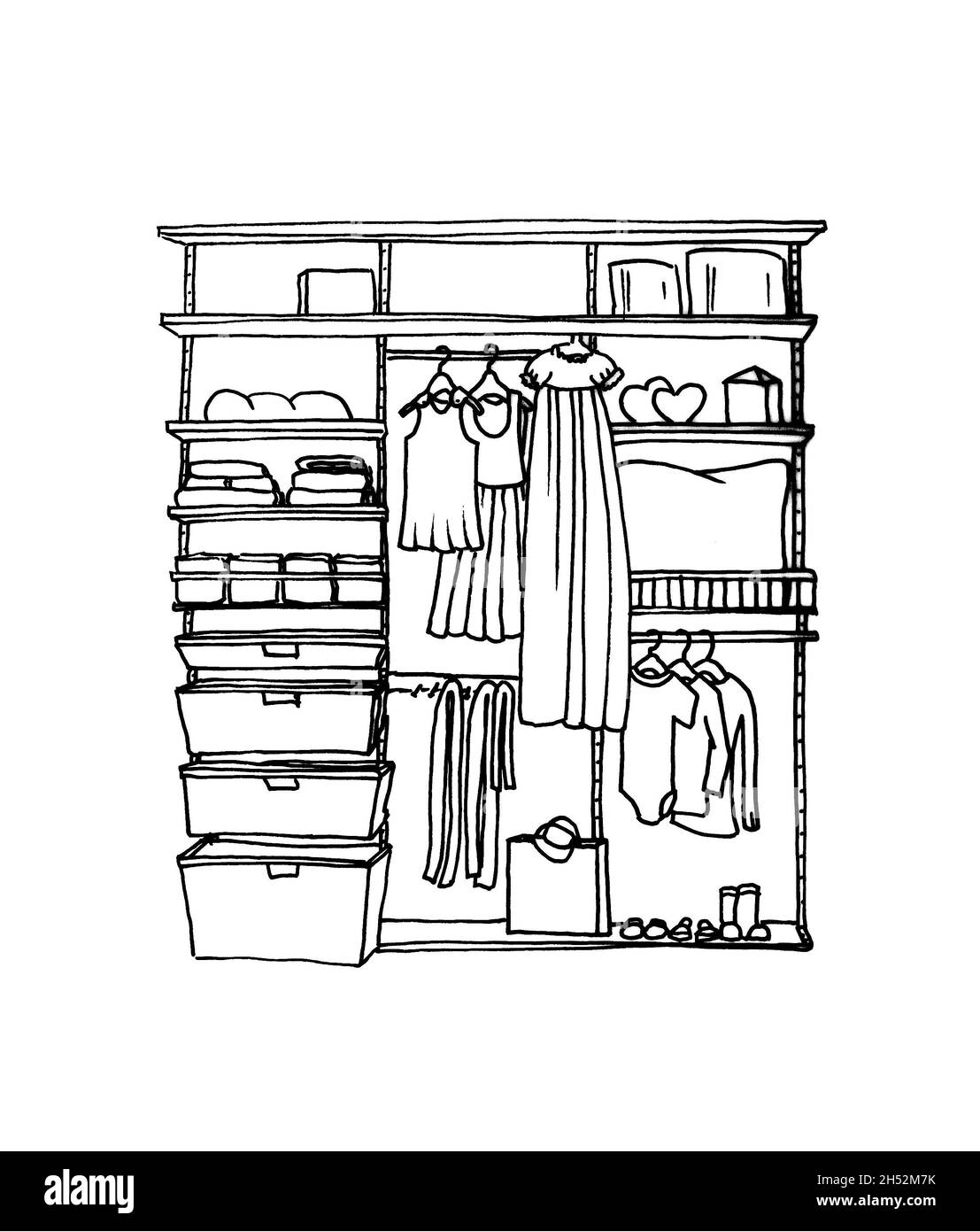 Graphical sketch of children's wardrobe with shelves and hangers Stock Photo