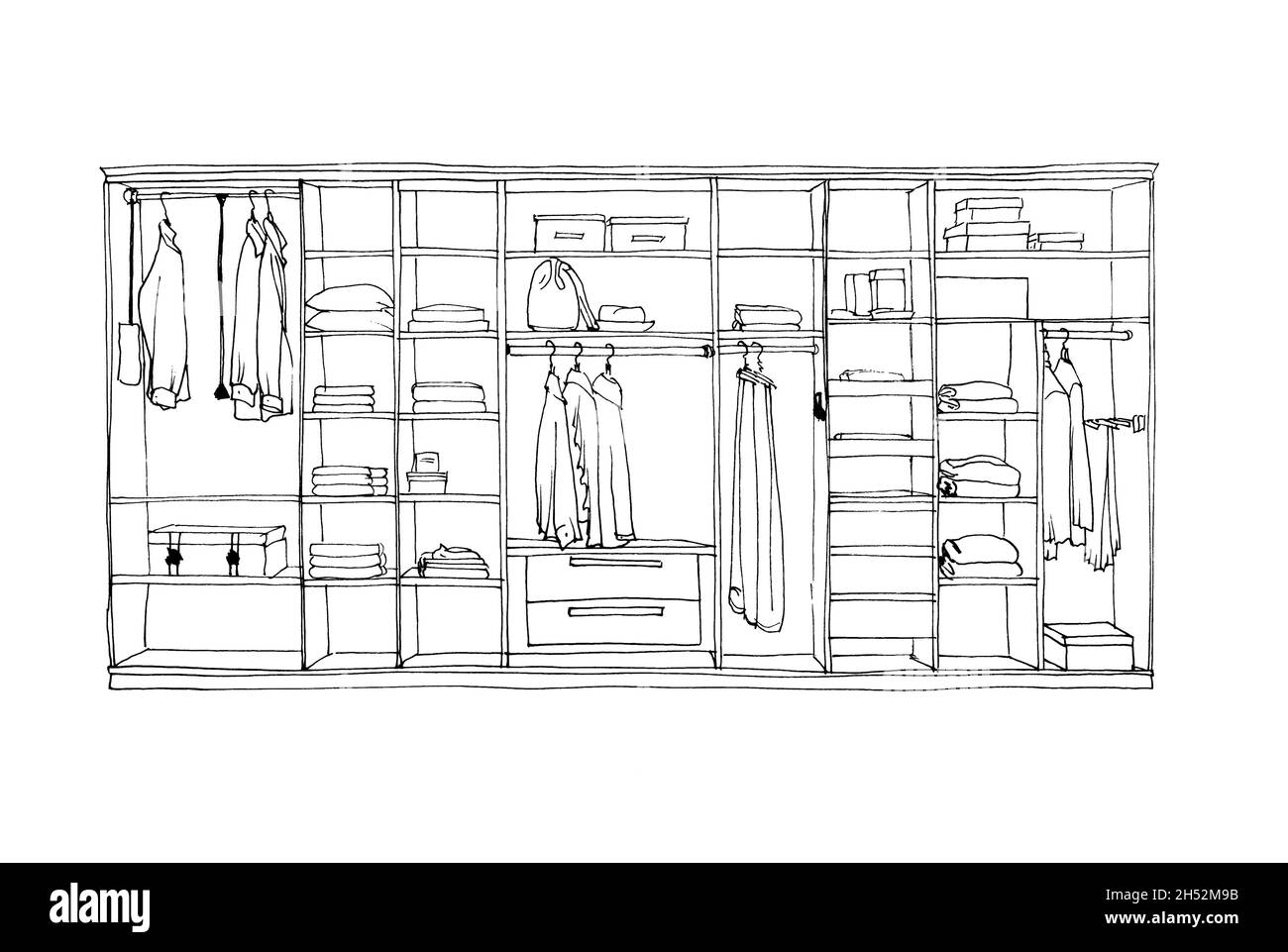 Graphic sketch of a wardrobe with shelves, hangers and clothes Stock Photo
