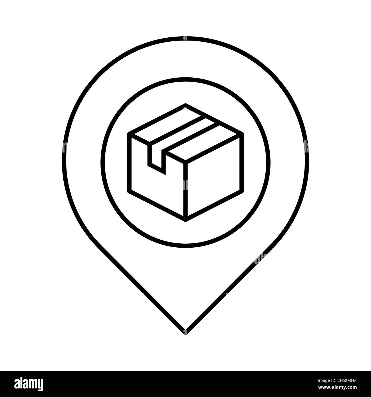Delivery box with map pin line icon. Tracking order symbol. Cardboard box inside map marker. Track package idea. Shipping, transportation. Vector Stock Vector
