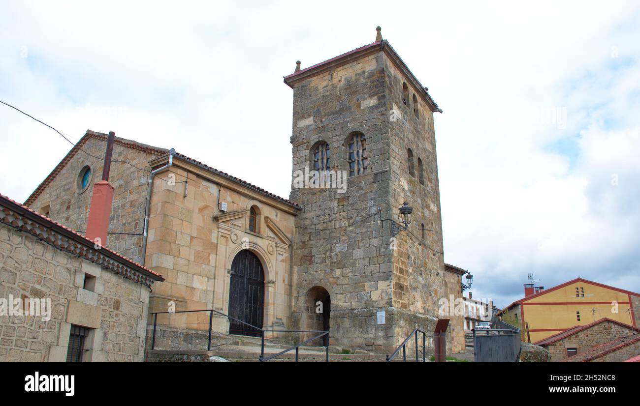 Church of San Adrian Martir in the village of Regumiel de la Sierra, Burgos province, Spain. Built in the 16th century on a Mozarabic necropolis. Stock Photo