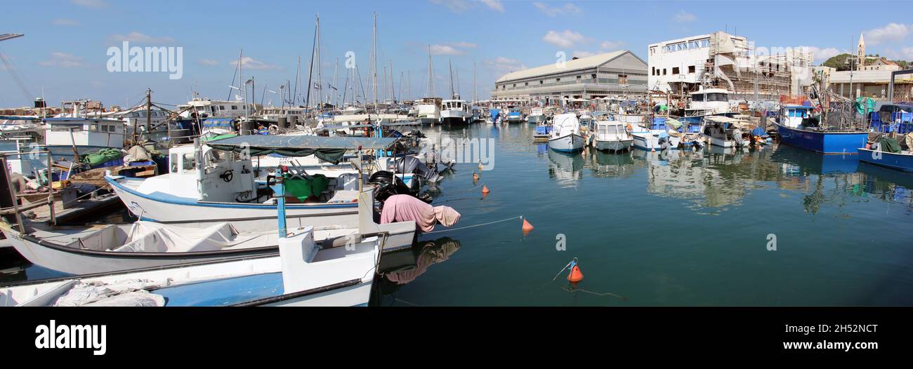 Panorama of Boats in Old harbor in Jaffa, Israel. SEP-28-2021 Stock Photo