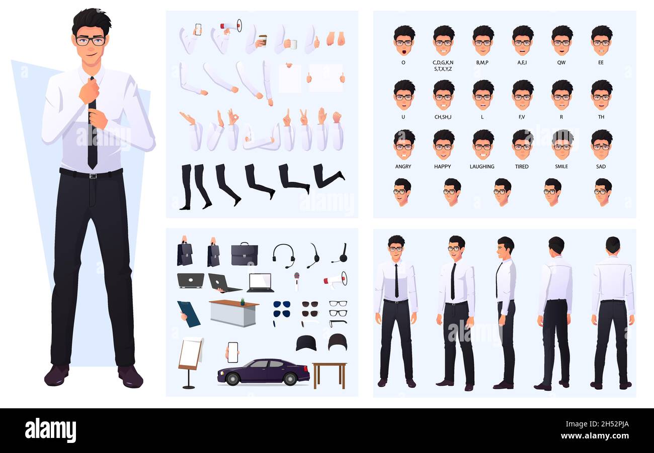 Character Creation Set with Business Man in White Shirt, Lip Sync, Hand Gestures and Items Premium Vector. Stock Vector