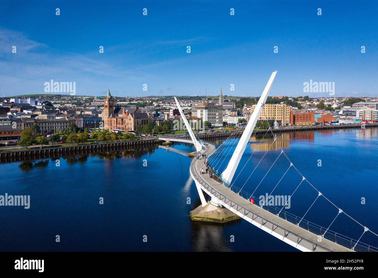 Aerial view of the Derry Peace Bridge on the river Foyle in Northern Ireland Stock Photo