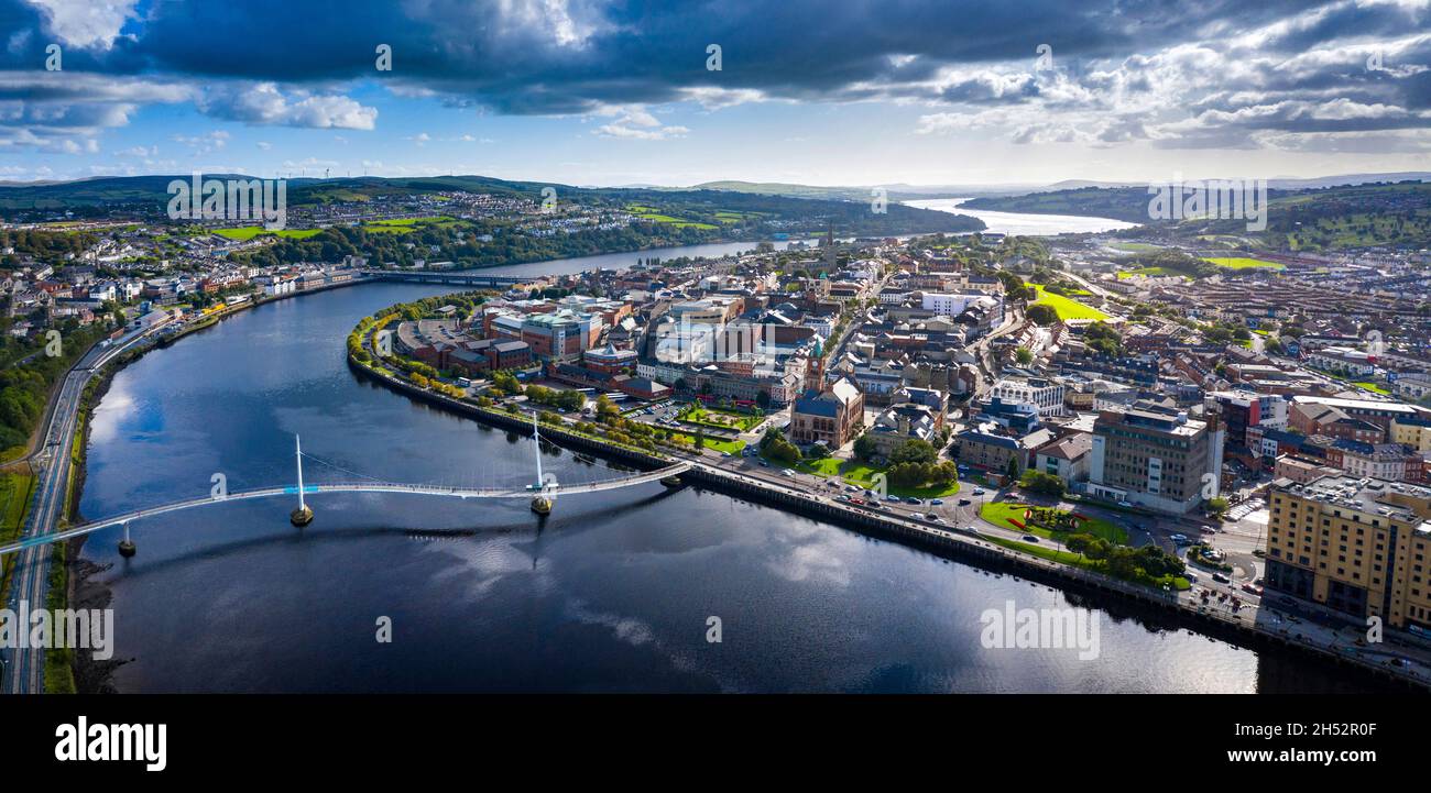Aerial view of the Derry Peace Bridge on the river Foyle in Northern Ireland Stock Photo