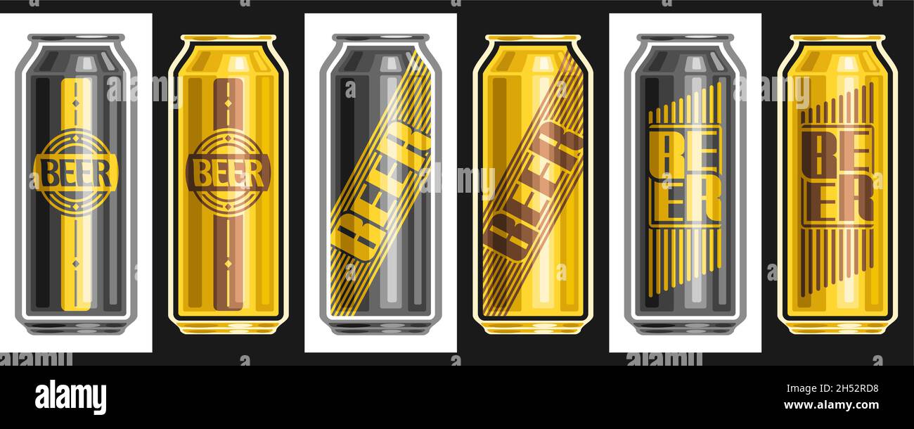 Vector Beer Cans Set, lot collection of cut out illustrations assorted refreshing beer with diverse labels on black and white background. Stock Vector