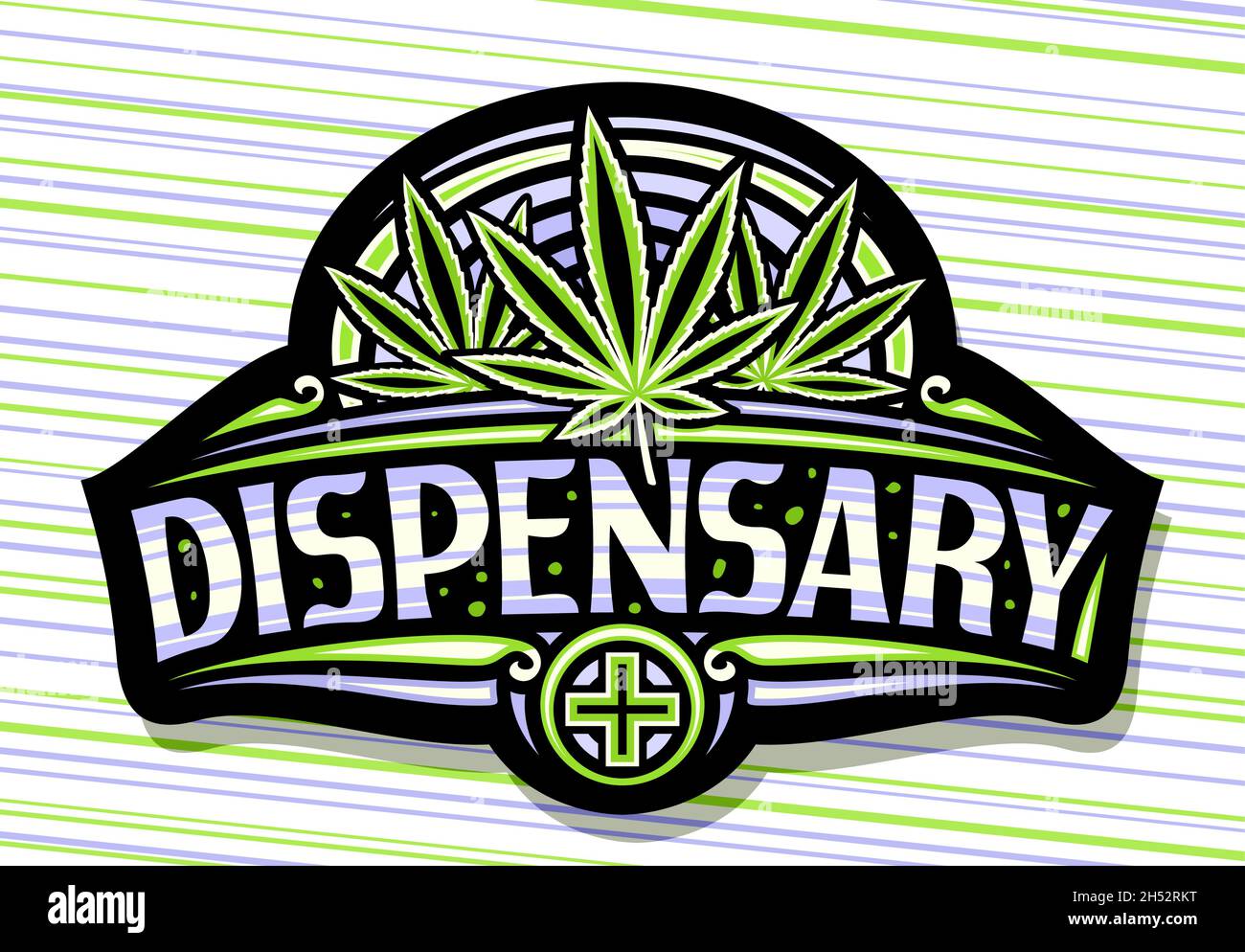 Vector signage for Cannabis Dispensary, dark sign board with illustration of cannabis leaves, decorative flourishes, poster with unique brush letterin Stock Vector