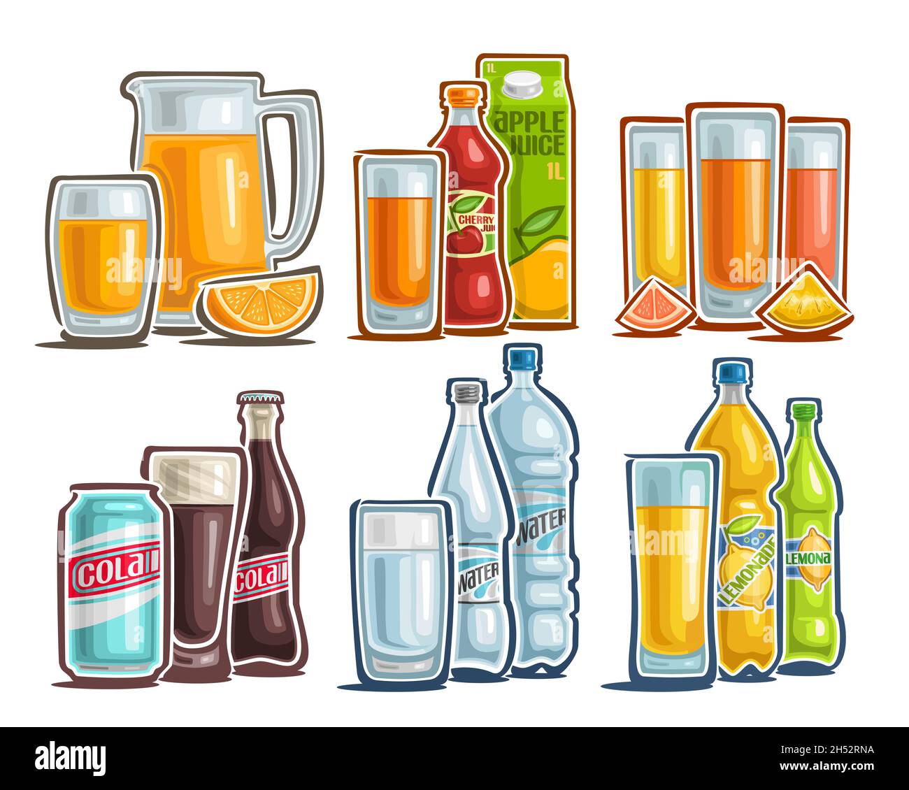 Vector Drinks Set, lot collection of cut out illustrations orange juice, natural drink in carton package, still life with sliced fruits, cartoon desig Stock Vector