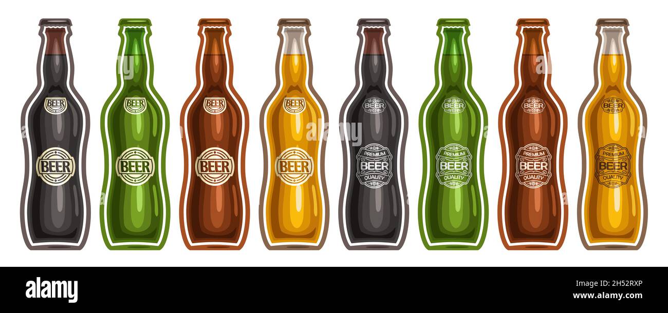 Vector Beer Bottles Set, lot collection of cut out illustrations assorted refreshing beer in a row with diverse labels on white background. Stock Vector