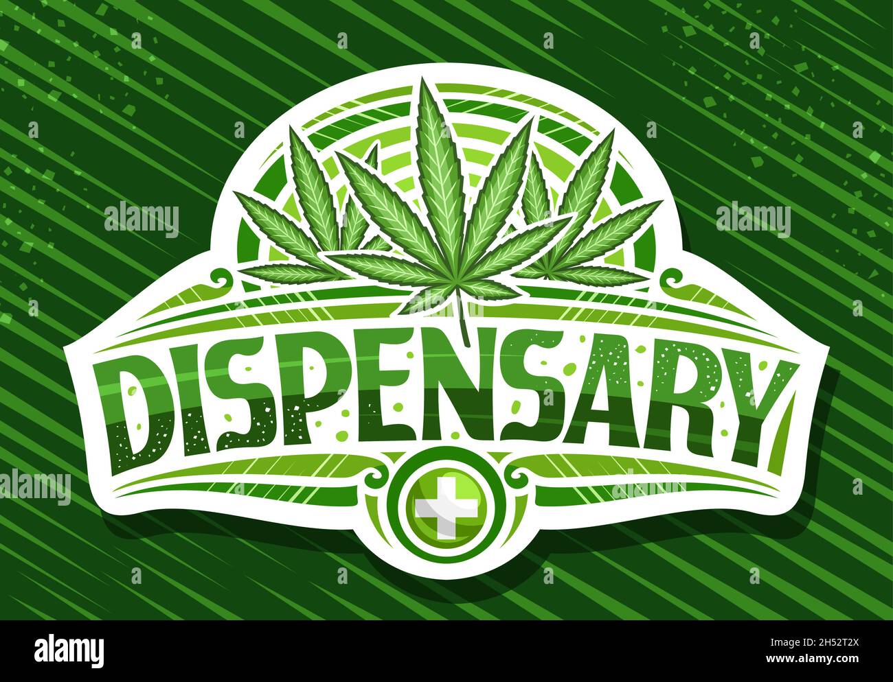 Vector signage for Medical Marijuana Dispensary, decorative cut paper sign board with illustration of marijuana leaves, poster with unique brush lette Stock Vector