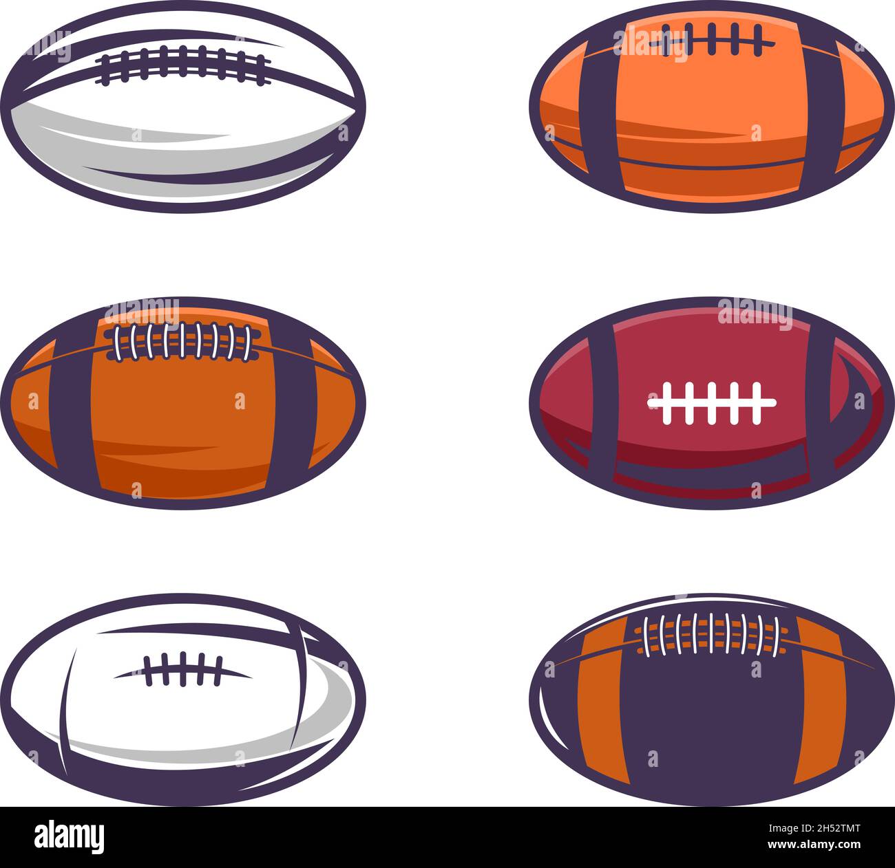 Set of Illustrations of rugby balls in vintage monochrome style. Design element for logo, label, sign, emblem, poster. Vector illustration Stock Vector