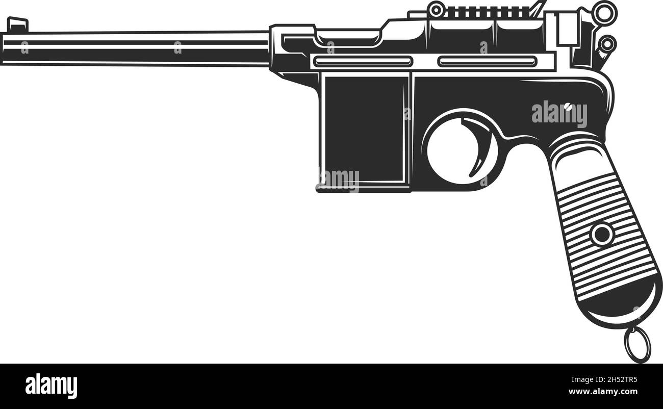 Illustration of mauser handgun. Design element for logo, label, sign, emblem. Vector illustration Stock Vector
