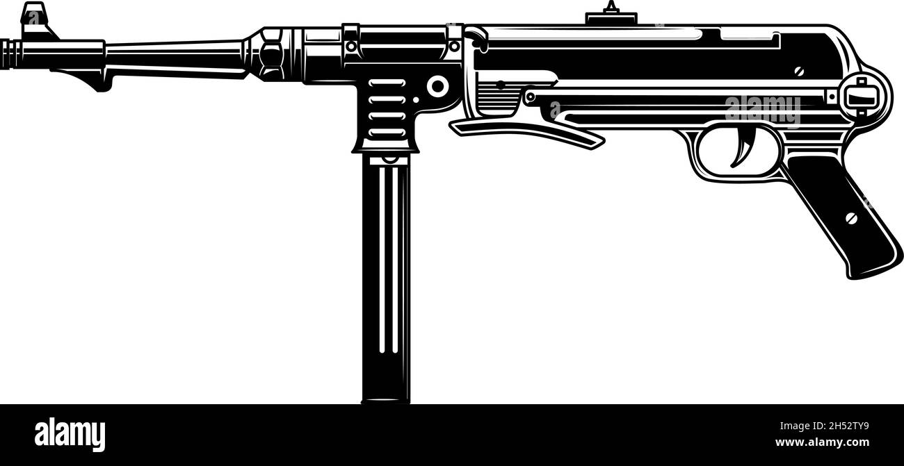 Illustration of german submachine gun. Design element for logo, label, sign, emblem. Vector illustration Stock Vector