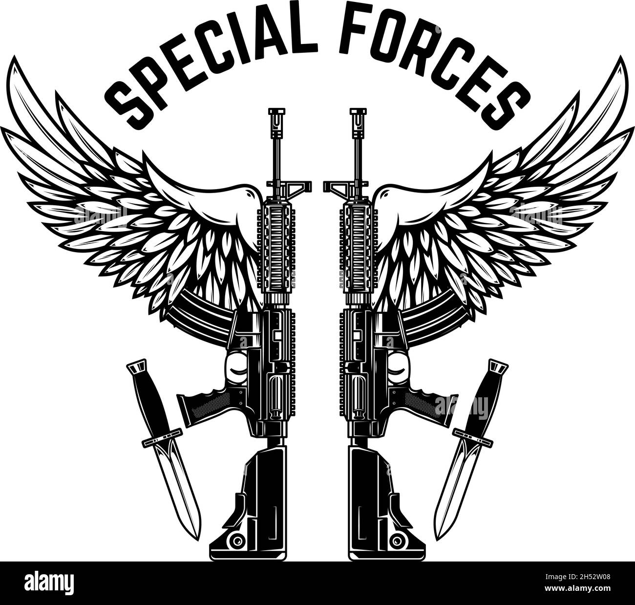 Special forces. ar-15 assault rifles with wings. Design element for logo, label, sign, emblem. Vector illustration Stock Vector