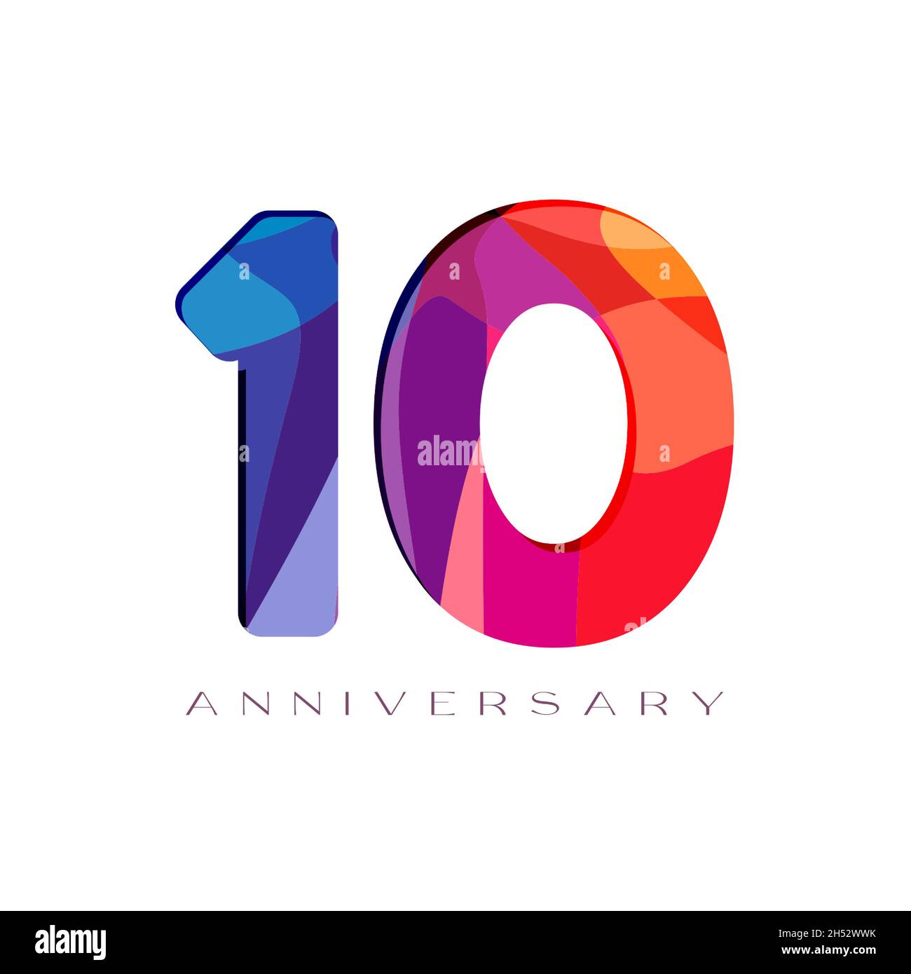 10th anniversary numbers. 10 years old logotype concept. Isolated abstract graphic design template. Creative bright 1 and 0 digits. Stained-glass digi Stock Vector