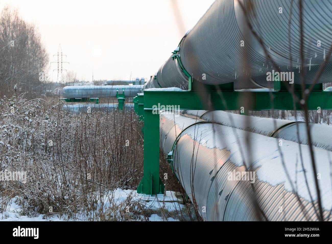 central heating pipes in a protective metal thermal insulation jacket
